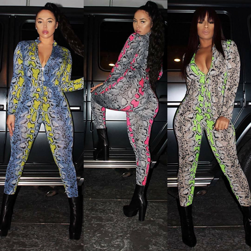 Woman Long Sleeve Jumpsuit snakeskin Printed Front Zipper Tight Bodysuit S-2XL - Picture 5 of 7