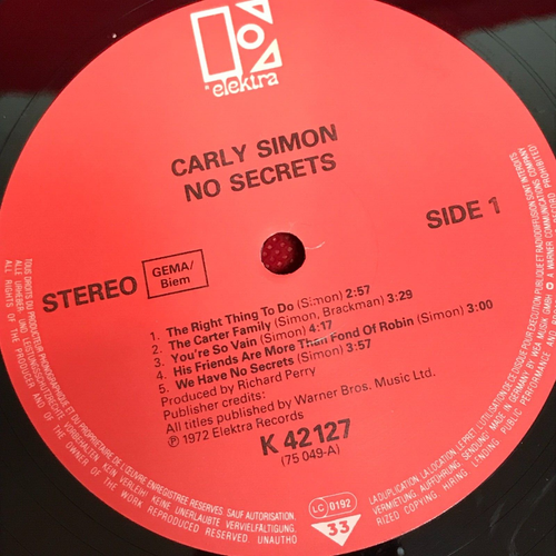 CARLY SIMON No Secrets 1987 German vinyl LP + INNER You're So Vain Night Owl - Picture 6 of 6