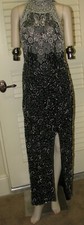 LEW MAGRAM BLACK HAND BEAD+PEARL SILK LONG HALTER NECK DRESS-INDIA-SIZE MEDIUM