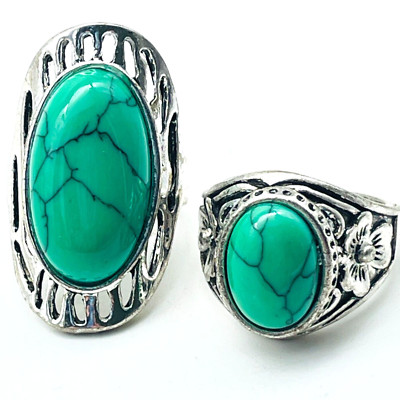 Green Beaded Rings Lot of 2 Chunky Oval Floral Embossed Band Ethnic Native Tribe