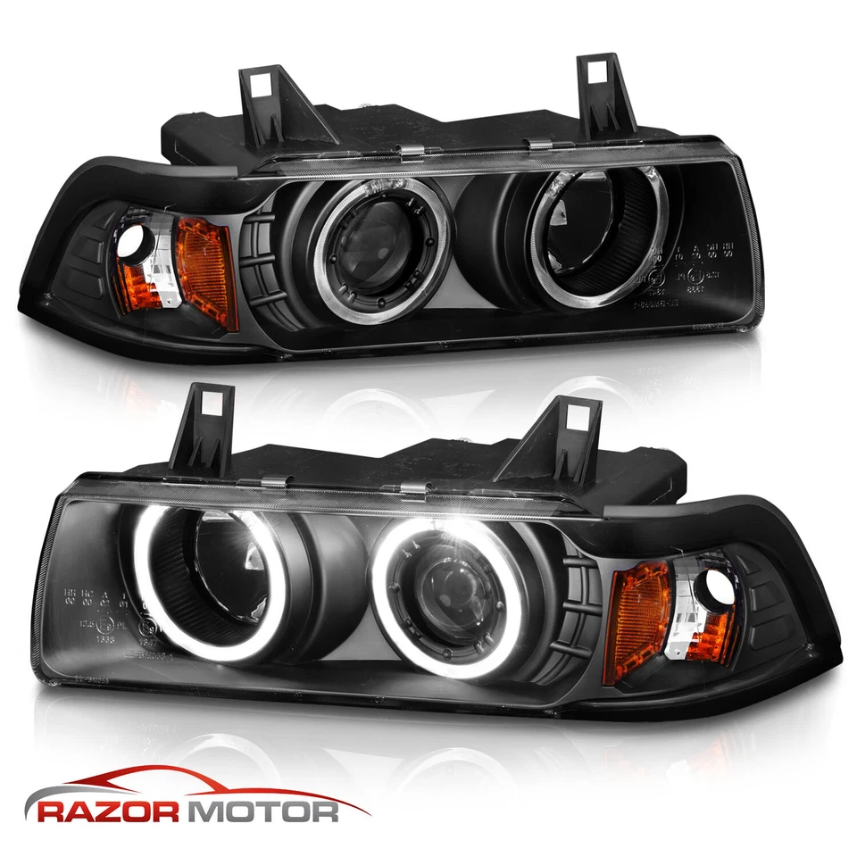 [Doble LED Halo] 1992-1998 Para BMW E36 Serie 3 Sedán Proyector Faros Negros Foto 3 de 4