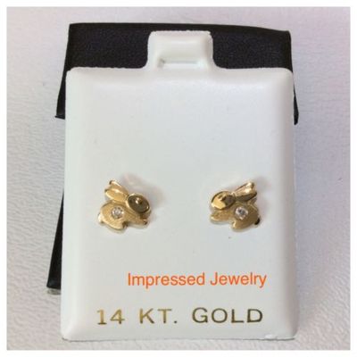 14k Yellow Real Gold Children's CZ Bunny Rabbit Safety Stud screw Earring