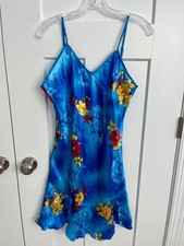 Y2K Satin Slip Dress Blue Floral Mini Bias Cut Lace Up Sides Vintage M Bows