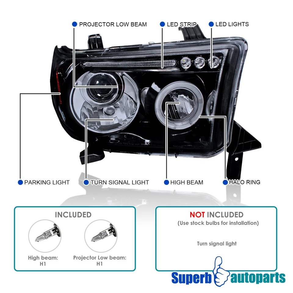 Fits 2007-13 Toyota Tundra Sequoia Black Smoke Projector Headlights Halo LED Bar Foto 3 de 4