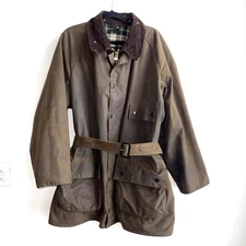 Vintage Barbour Solway Zipper C48 Mens XL XXL Brown Green Waxed Belted Jacket
