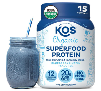 KOS Plant-Based Protein Powder, Blueberry Muffin, 15 Servings