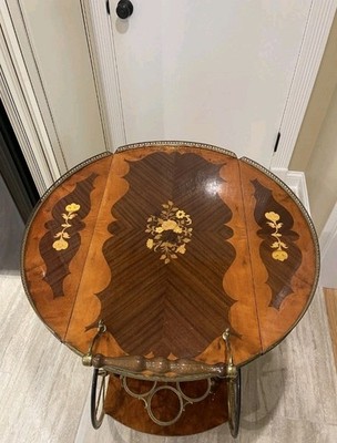 VINTAGE ITALIAN INLAY ROLLING BAR TEA CARD DROPPED LEAF SIDES WALNUT AND BRASS