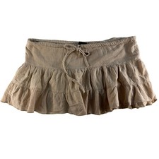 Y2K Medium Micro Mini Skirt Tiered Ruffle Low Rise Coquette Boho Festival Beige