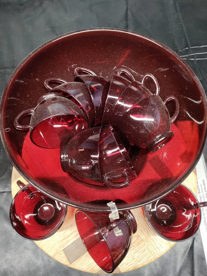 VTG MCM Anchor Hocking Royal Ruby Red Punch Bowl Set 14 Pcs W/Base & 12 Cups EUC - Image 2 of 4