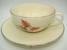 Trio By Lenox X-446 Made in USA Teacup and Saucer Set Ivory Leaves Silver Trim