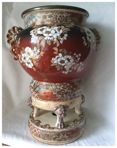 Antique Japanese Satsuma Oil Lamp Base, Hand Painted
