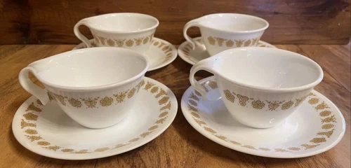SET OF 4- CORELLE - BUTTERFLY GOLD - HOOK HANDLE COFFEE TEA CUPS & SAUCERS