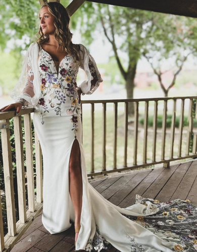Abiti da sposa bohémien a maniche lunghe con fiori 3D abiti da sposa a sirena - Foto 2 di 11