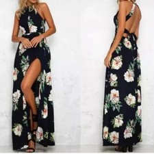 ZESICA L Halter Neck Floral Print Backless Split Maxi Dress Dark Blue Gardencore