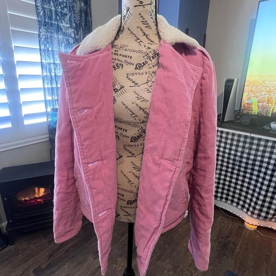 Chaqueta Pana Rosa Pétalo con Cuello Sherpa Vintage Moto Y2K Barbiecore Foto 4 de 4