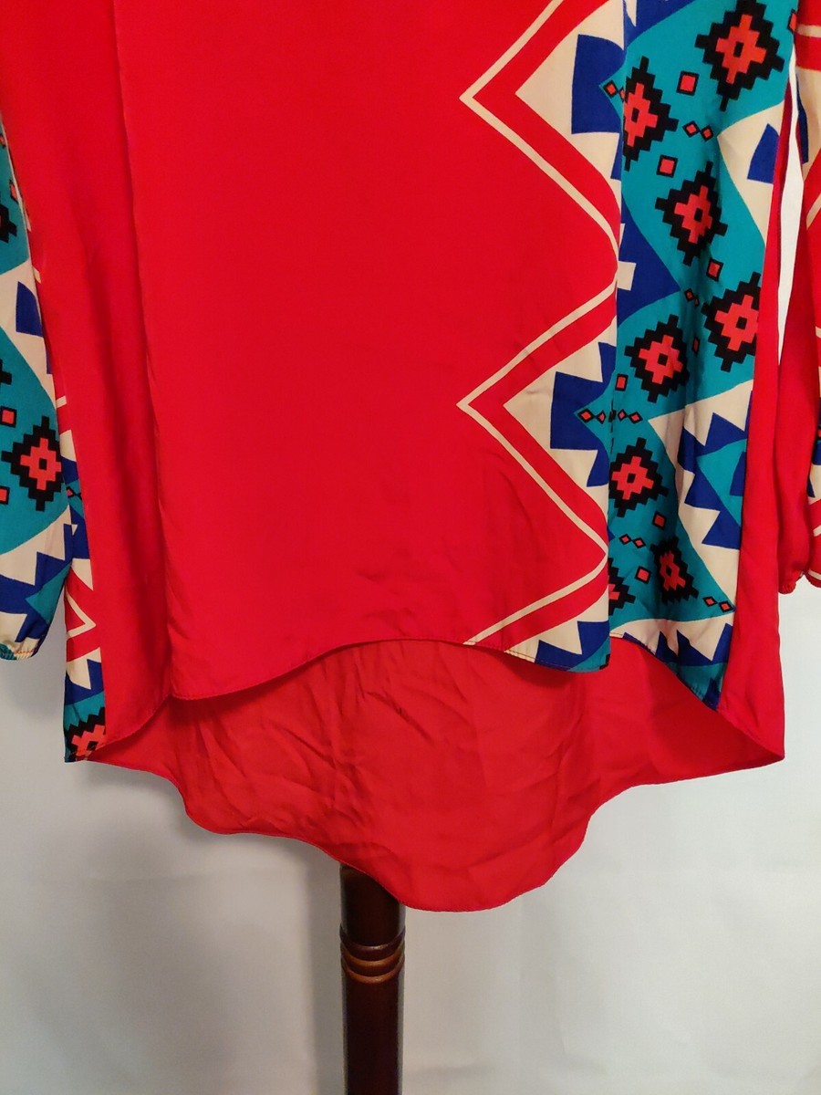 Moa Moa size M women top red multicolor aztec LS scoop neck criss