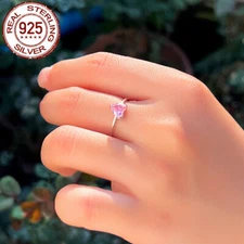 Pink Cubic Zirconia CZ Heart Ring Solid 925 Sterling Silver Engagement Band Ring