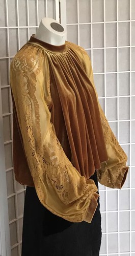Free People Samt Comfort Bluse gold senfgelb Spitzenärmel Damen M - Bild 2 von 16