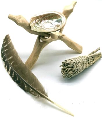 CRIGEMA - Smudge Set - Weißer Salbei und Abalone Schale, mit Stativ 
