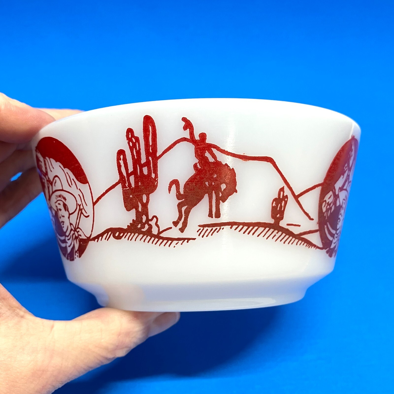 VTG 50s Ranger Joe Round Up 3PC Breakfast Set Hazel Atlas Milk Glass Mug & Bowls