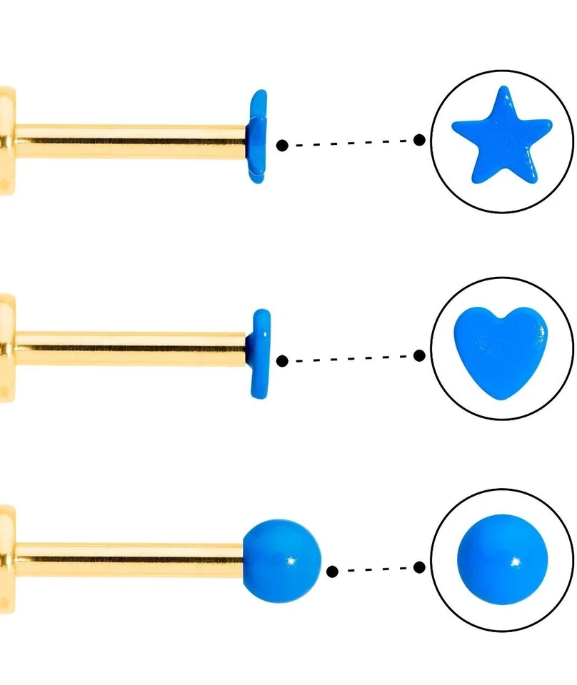 Juego de 3 labret corazón estrella brillante azul tono dorado calibre 16 5/16 Foto 2 de 4