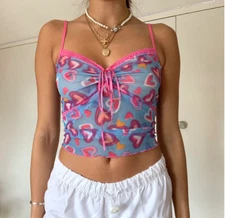 Colourful Heart Print Tank Top Lace Frill See-Through Sexy Camisole Singlet Crop