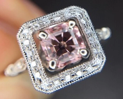 14k Gold Asscher Genuine Natural Morganite and Diamond Halo Ring (#J5053)