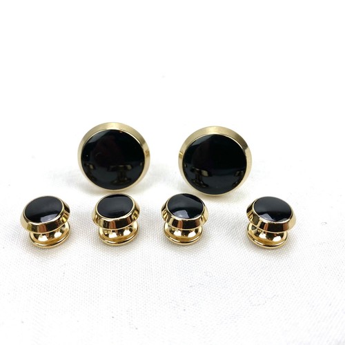 Pair of Men's Black Onyx Gold Tone Trim Cuff Links & 4 Matching Button Studs - Picture 2 of 6