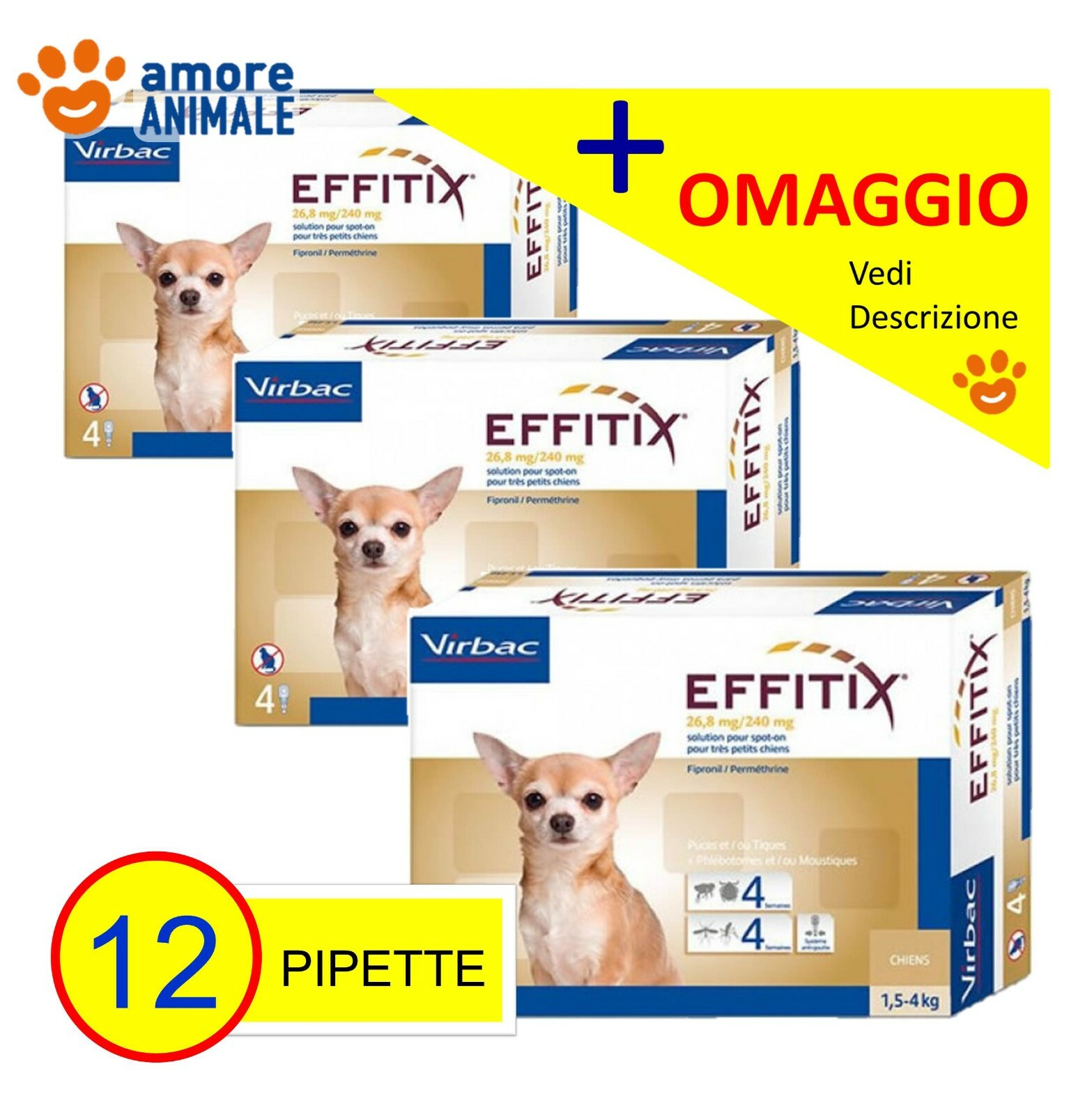 Effitix Virbac 1,5-4kg 3 Pack - Antiparassitario Viaggio e Città