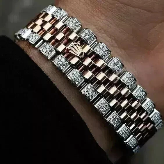 Pulseira cubana masculina corte redondo 3 quilates diamante criado em laboratório acabamento em ouro rosa 14K - Imagem 2 de 3