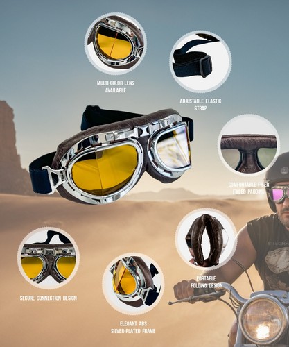 New CRG Vintage Bike Aviator Pilot Motorcycle Cruiser Scooter Goggles - Foto 4 di 7