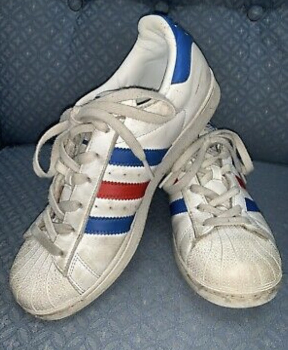 red and blue stripe adidas superstars