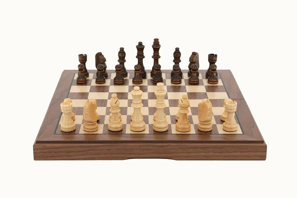 Dal Rossi Folding Walnut Inlaid Chess Set 12 inch board w/ Timber Pieces