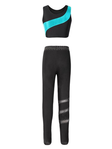 Kids Girl's Crop Top With Pants Shiny T-shirt Tights Set Sports Dance Outfit - Picture 22 of 53