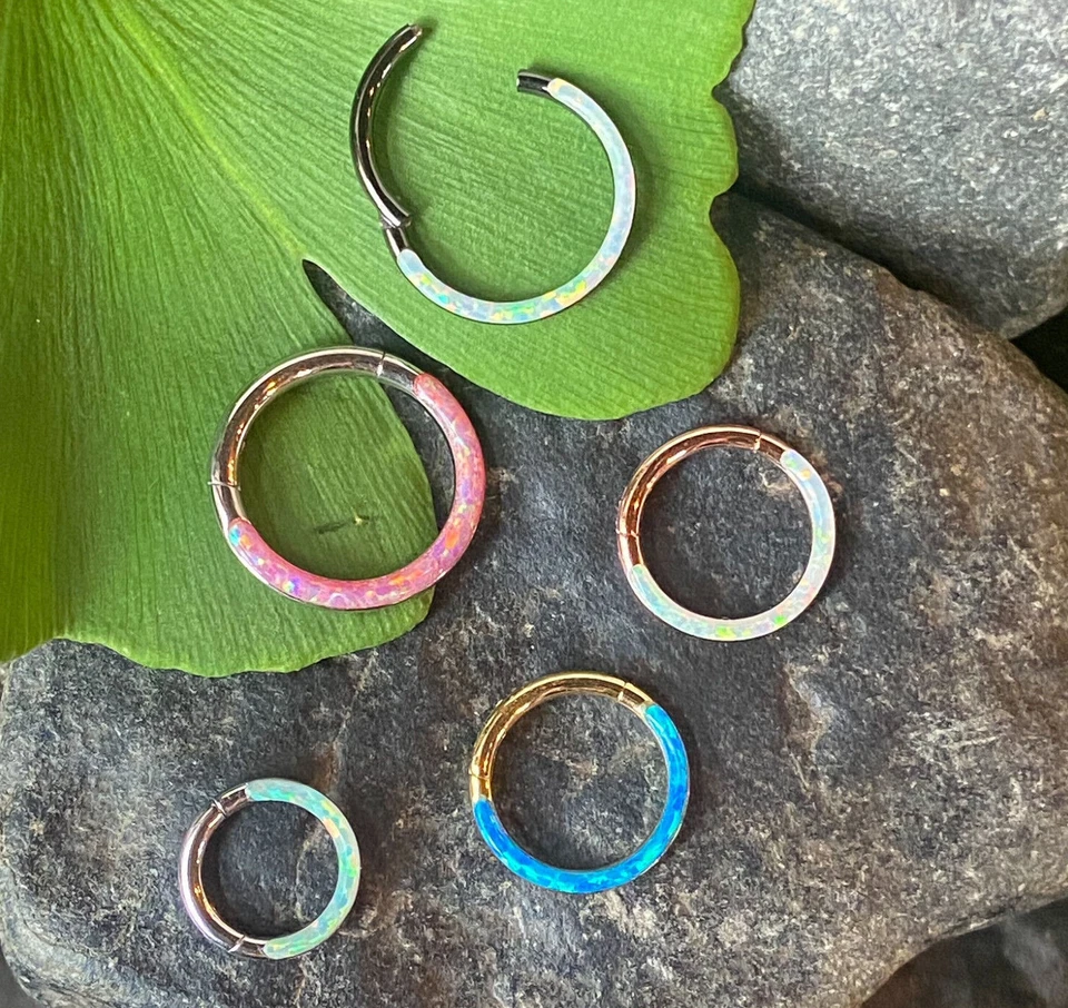 1pc Opal Front Edge Hinged Segment Ring Septum Clicker Steel Daith Hoop Jewelry - Image 3 of 4