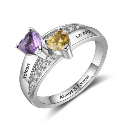 Personalized Mother's Day Ring For Mom 2 Birthstones 2 Names 925 Sterling Silver