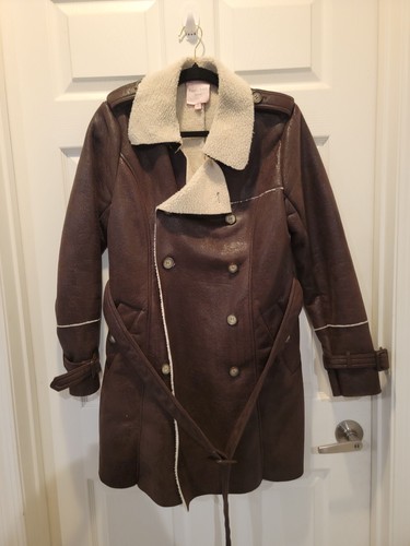 Romeo + Juliet Couture Brown Faux Suede Sherpa Lined Double Breasted Coat M E7
