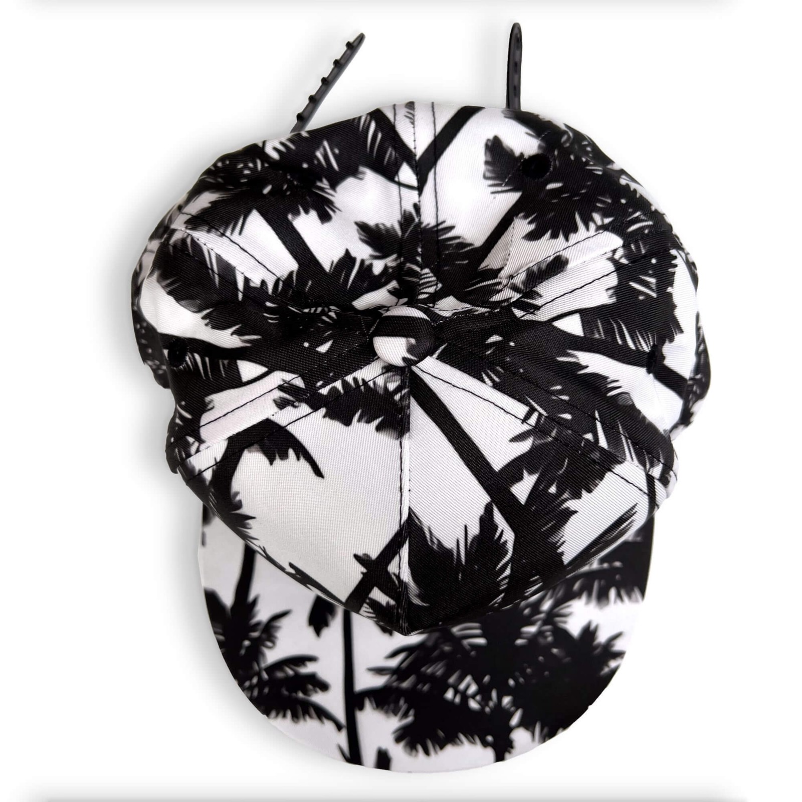 Black & White Palm Tree Trucker Style Snapback Hat - Flat Bill Baseball Cap
