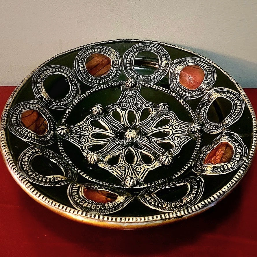 Amazigh Handcrafted Moroccan Metal Overlay Leather Medallion Ceramic Bowl - Image 3 of 4