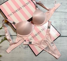 Victoria's Secret Scattered Shine Strap Bombshell Push-Up Bra Thong Set Pink