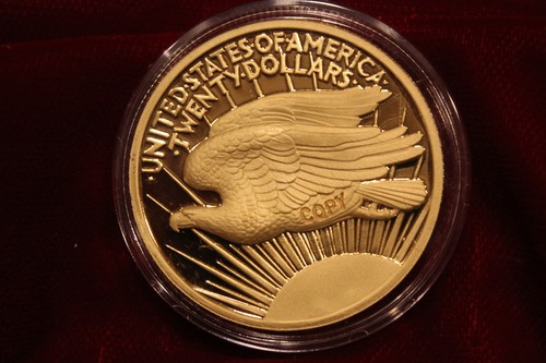 GOLD PLATED LIBERTY TWENTY DOLLAR COIN, 40mm , STAMPED COPY FANTASY, NOT REAL - Picture 2 of 2