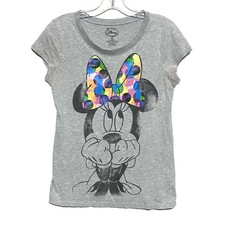 Disney Minnie Mouse Colorful Polka Dot Big Hair Bow Gray Shirt Juniors L 11 / 13