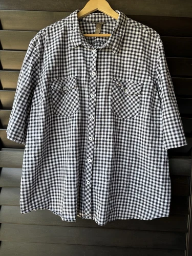 Bit & Bridle Women’s Size 3X Short Sleeve Black White Gingham 100% Cotton Button