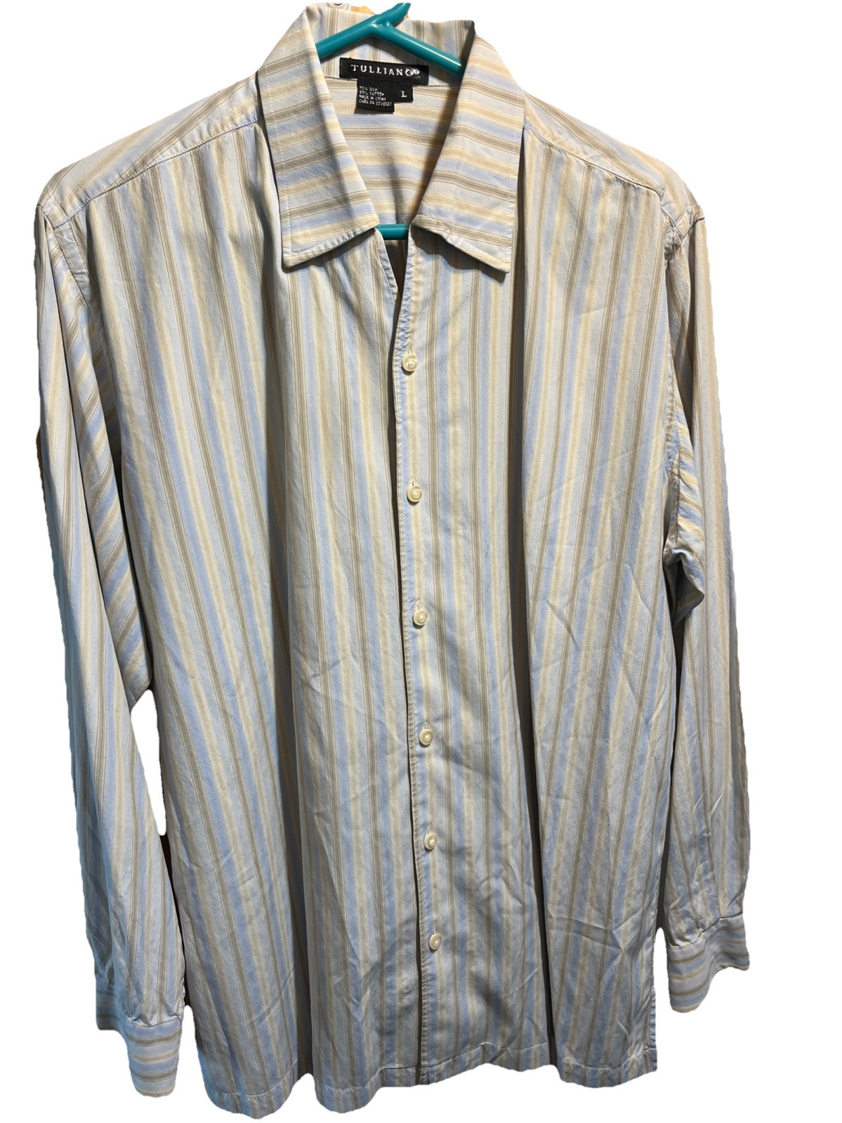 Tulliano Shirt Mens Large Blue Striped Silk Cotton Blend Long Sleeve Casual
