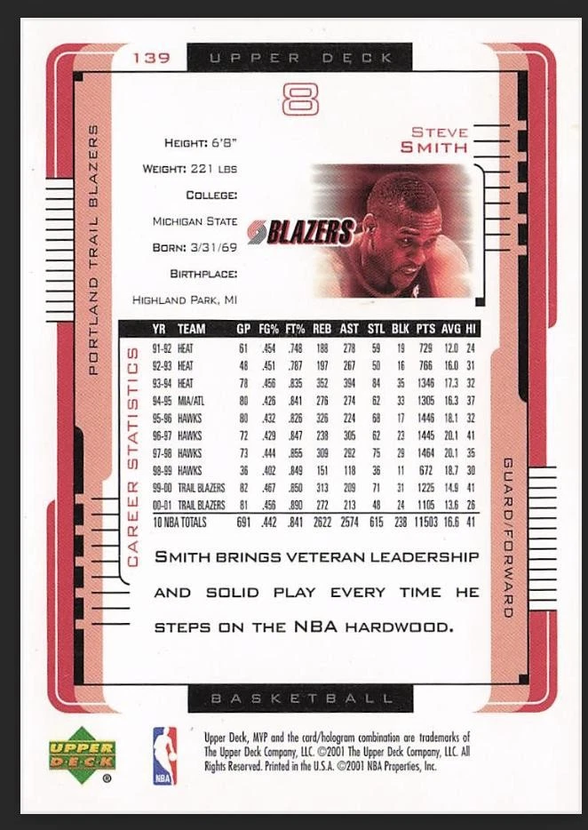 2001-02 Upper Deck MVP #139 Steve Smith NBA Portland Trailblazers - Image 2 of 2