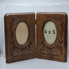 VTG LOVE You Grandma Grandpa DOUBLE PHOTO FRAME WOODEN MCM  HINGED Carved Floral