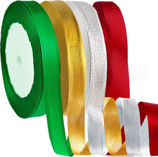 4 Rolls Christmas Ribbon Set 100 Yards, Red, Green, Gold Silver for Gifts