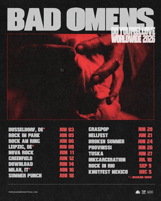 BAD OMENS 直筆サイン入りポスターとパスのセットTOUR 2026 Bad Omens Do You Feel Love Worldwide 2026 Tour June Schedule Dates
