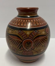 Tonala Clay Hand Made & Painted  Vessel/Vase Artist Luis Cortez Jalisco Mexico
