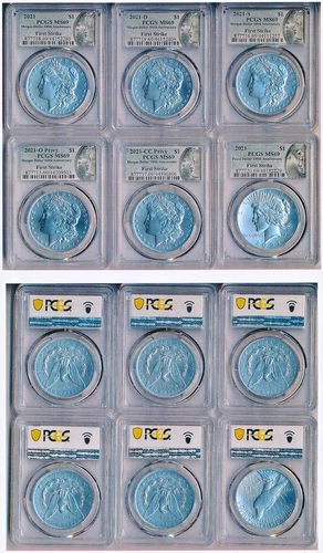 2021, 100th Anniversary Set (5 Morgans, 1 Peace (PCGS MS69, First Strike)